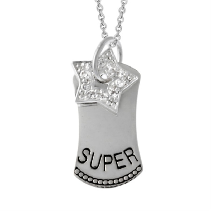 Sterling Silver 'Super' Star Cz Dog Tag Necklace