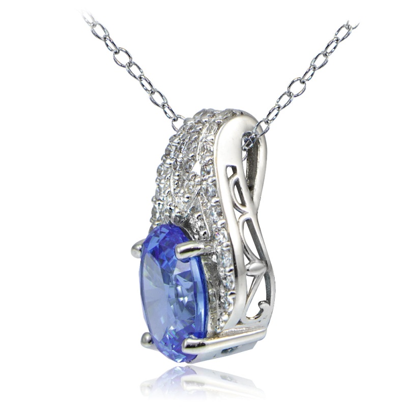 Platinum Plated Sterling Silver 100 Facets Blue Violet Cubic Zirconia Oval Slide Necklace