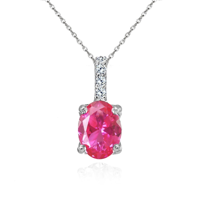 Sterling Silver Created Pink Sapphire And White Topaz Oval Crown Necklace