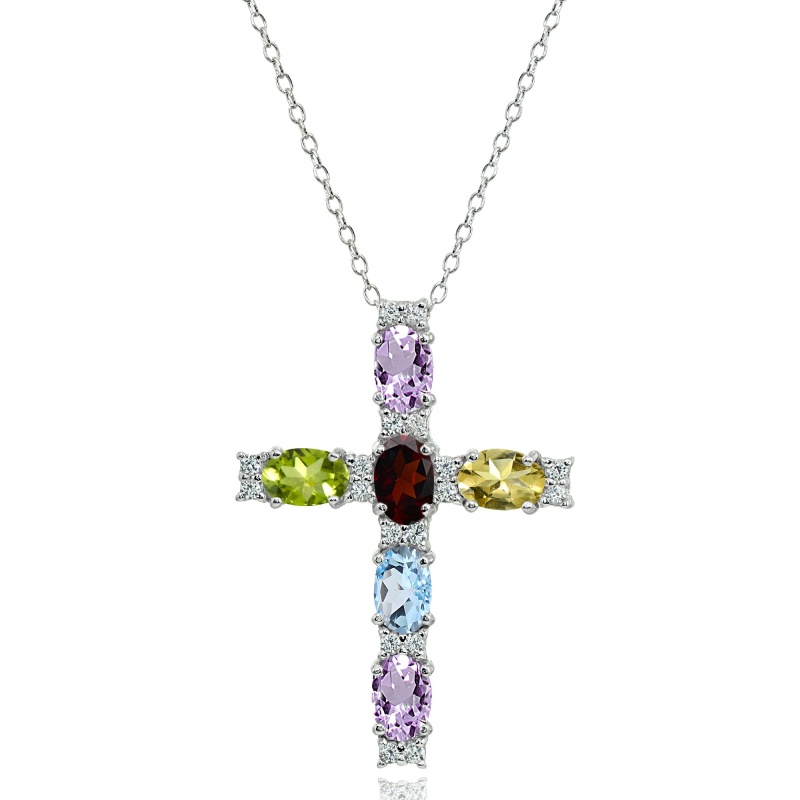 Sterling Silver Multi Color Gemstone Oval-Cut Cross Pendant Necklace With White Topaz Accents