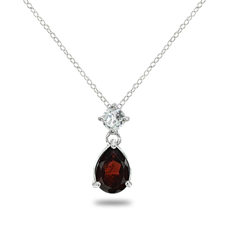 Sterling Silver Garnet & White Topaz 9X7mm Teardrop Slide Dangling Necklace