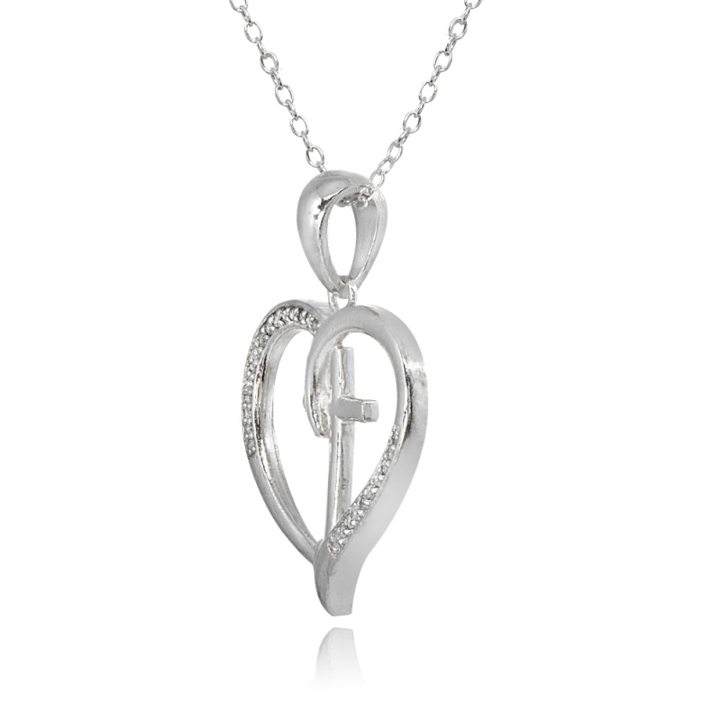 Sterling Silver Polished Cross In Heart Diamond Accent Pendant Necklace, Jk-I3