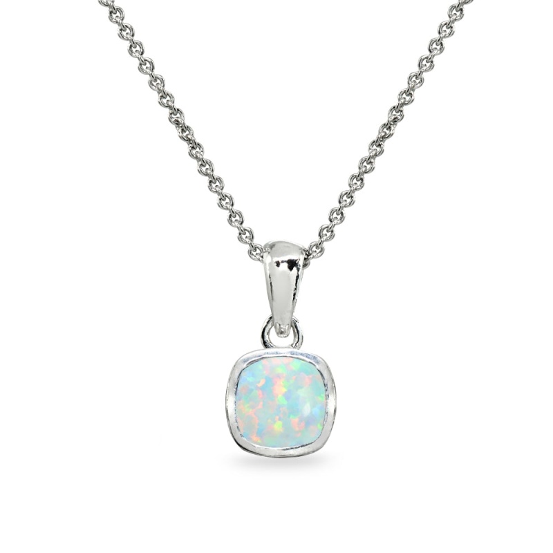 Sterling Silver Created White Opal 7Mm Cushion-Cut Bezel-Set Dainty Pendant Necklace