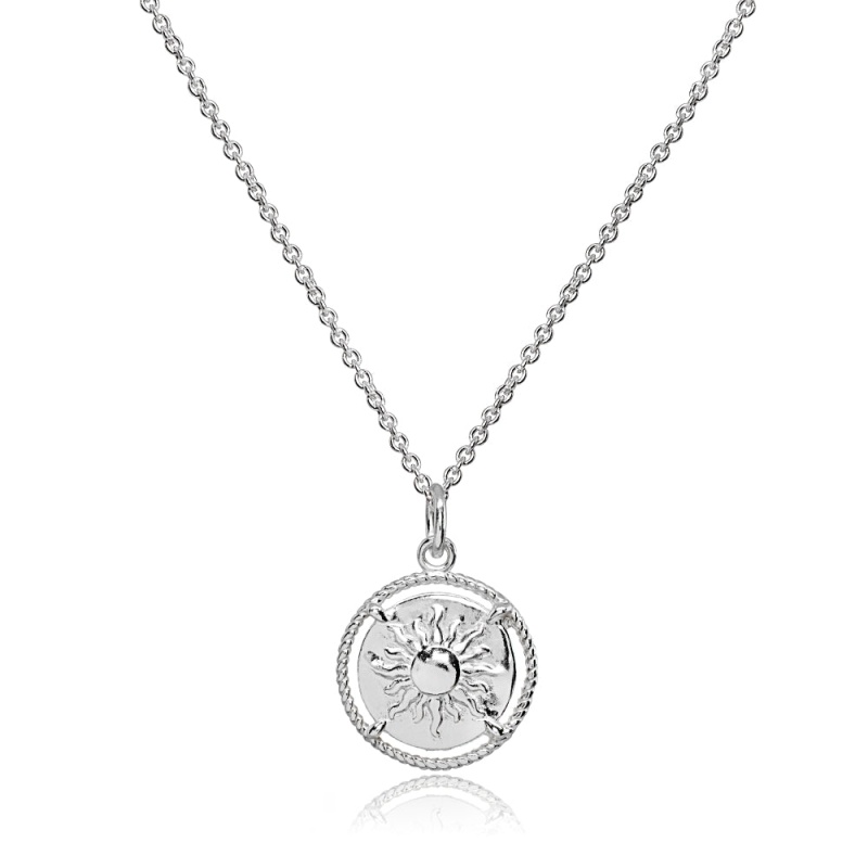 Sterling Silver Polished Sun Celestial Medallion Coin Round Pendant Necklace