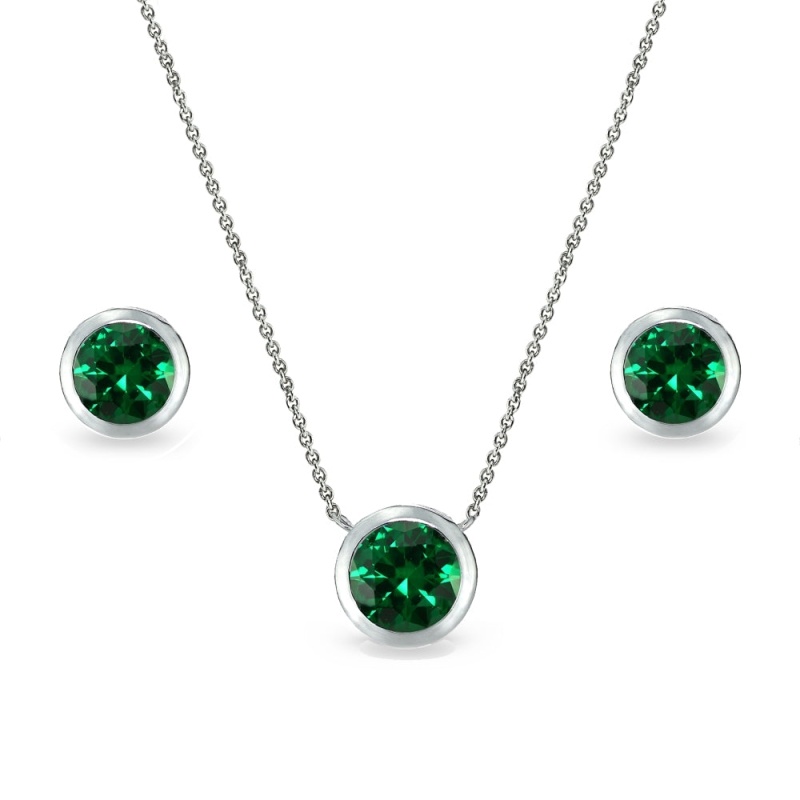 Sterling Silver Simulated Emerald 7Mm Round Bezel-Set Solitaire Dainty Necklace And Stud Earrings Set