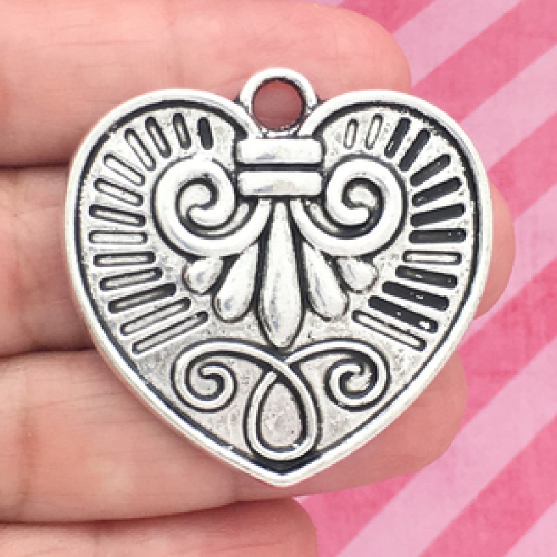 Heart Charm Pendant With Design Antique Silver Pewter Large