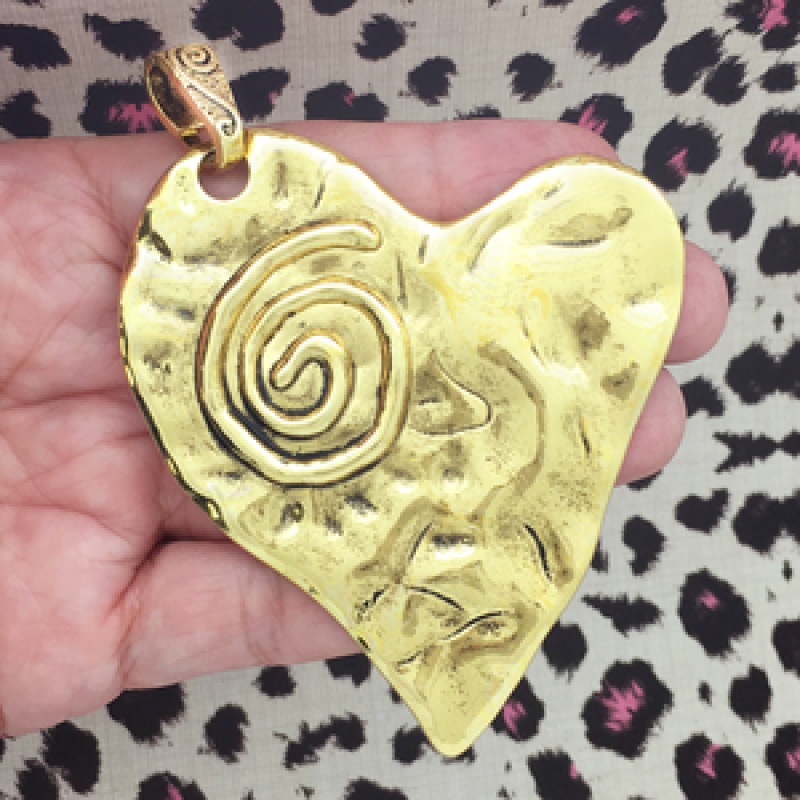 Gold Hammered Heart Pendant With Spiral In Pewter
